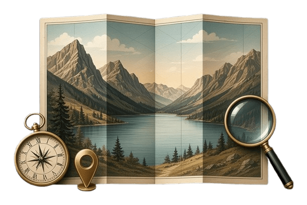 A folded mountain map, a brass compass, and a magnifying glass