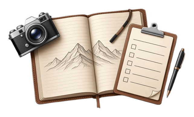 A camera, an open journal with a mountain sketch, and a checklist