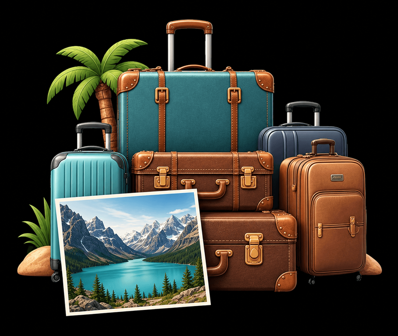 Luggage, an airplane, and a photograph of a glacial lake