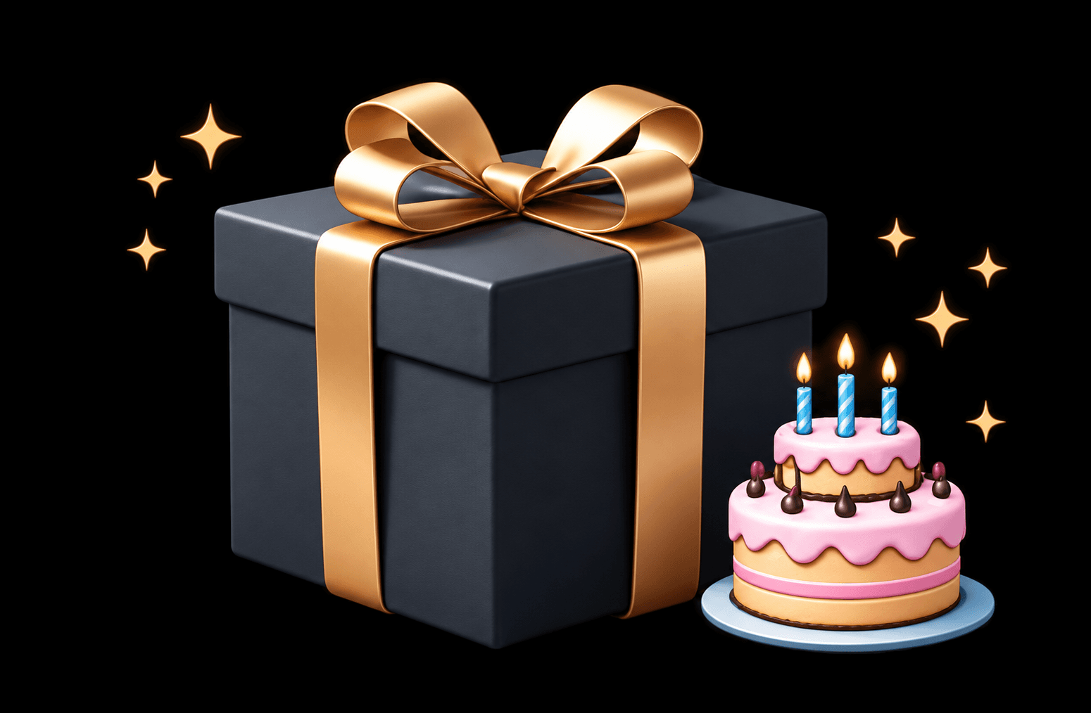 A gift box, a diamond ring, a birthday cake, and a small airplane